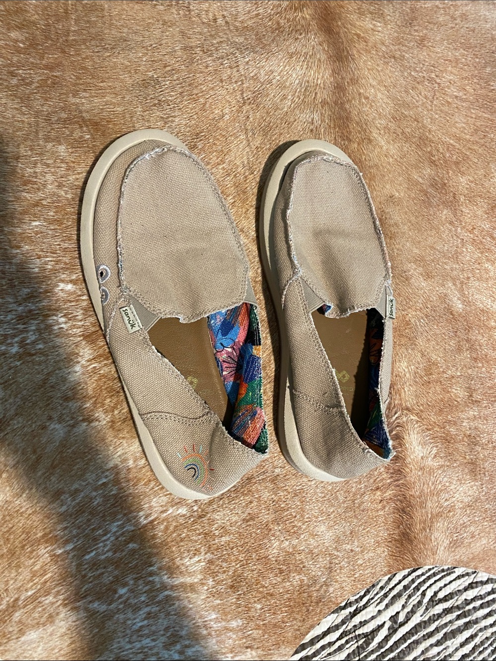 Sanuk Beige Canvas Slip-On with Colorful Patterned Lining